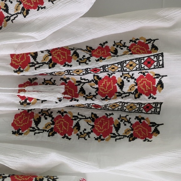 Embroidered Gauzy White Blouse with Red Floral Authentic Design Peasant Boho - Picture 2 of 7